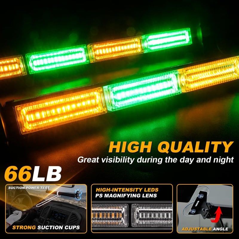 LRTER Emergency Dash Strobe Lights Warning Hazard Safety Front/Rear Interior Windshield Lights w/Suction Cups Deck Split Mount for Vehicles Trucks Volunteer Vehicles 2x17.7, Amber/Green - Image 3
